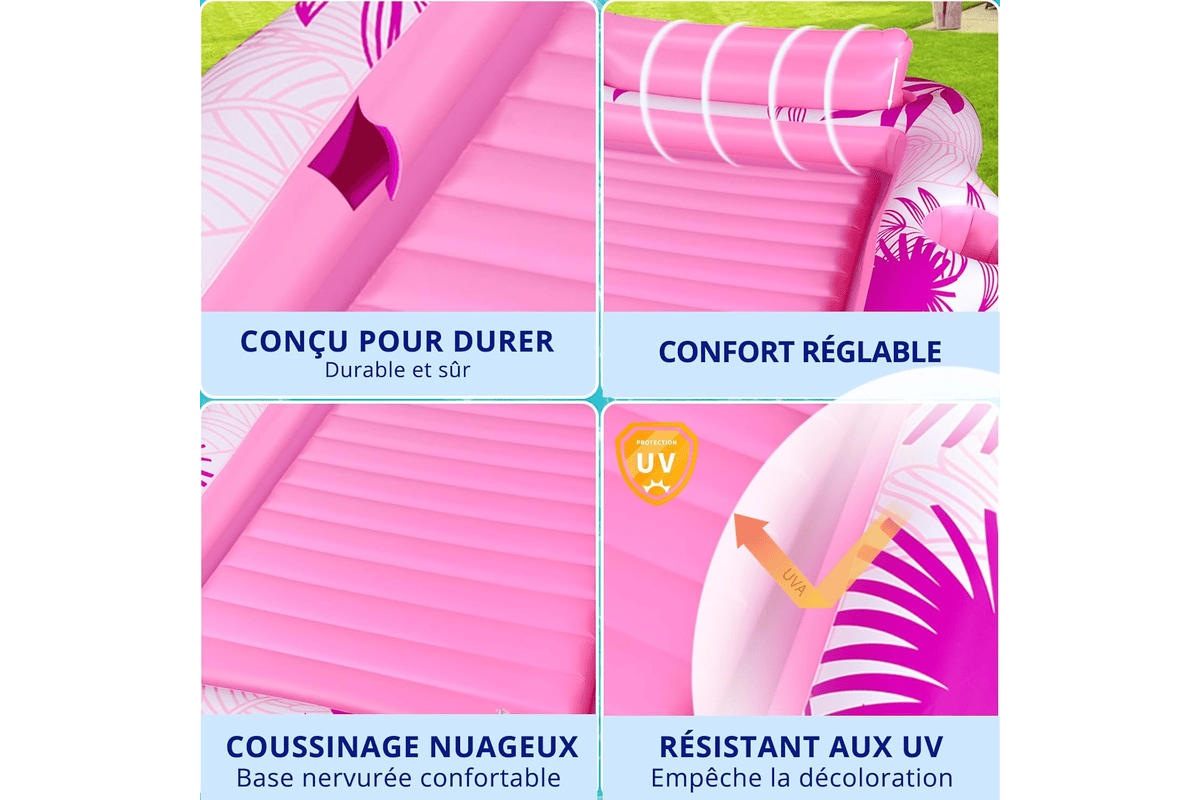 Matelas gonflable BuzzoXerex double grand hamac à eau bleu et blanc avec appui-tête et support de seau à glace, sur fond de piscine