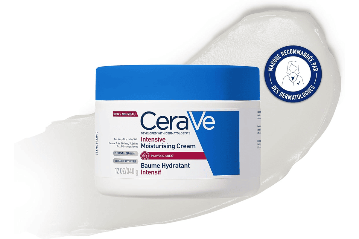 Pot CeraVe baume hydratant intensif corps visage 340 g peaux très sèches démangeaisons 72h hydratation karité céramides Hydro Urea sans parfum non comédogène