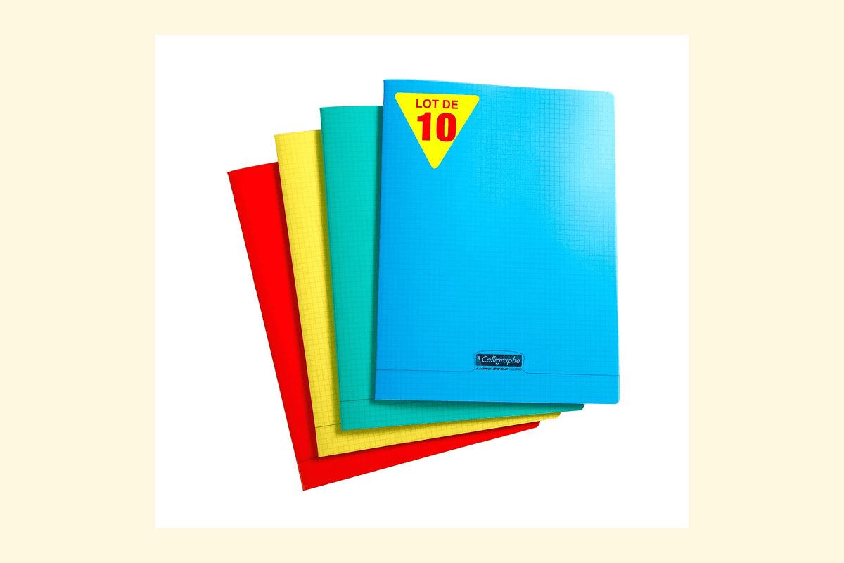 Clairefontaine Calligraphe 18065C lot 10 cahiers agrafés 24x32 cm 48 pages petits carreaux papier blanc 90g couverture polypro transparent couleurs 18,71 euros Amazon