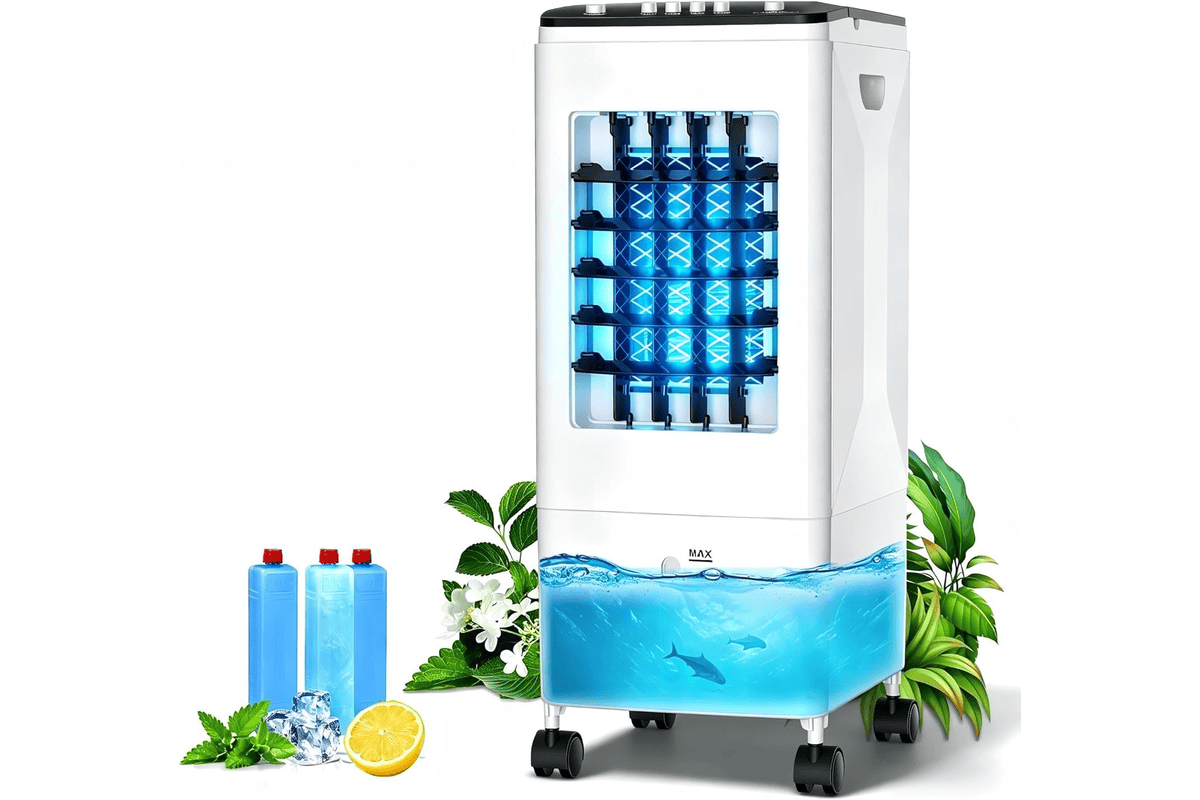 Climatiseur Mobile 3-en-1 Rafraîchisseur d'Air blanc avec réservoir 6 L 3 blocs réfrigérants 60 W 35 dB silencieux oscillation et humidificateur
