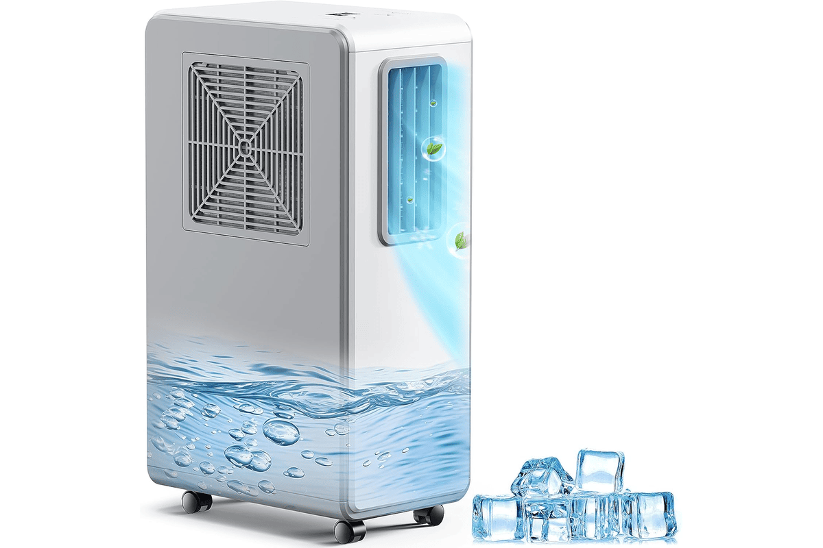 Climatiseur mobile 4-en-1 blanc avec écran digital, mode refroidissement et déshumidification