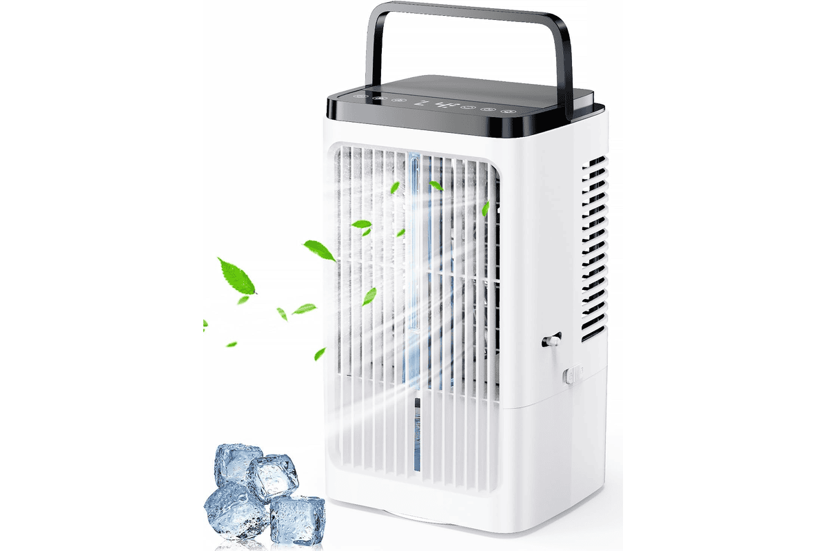 Climatiseur mobile silencieux 3-en-1 avec ventilateur rafraîchisseur, oscillation et brumisation posé dans un salon