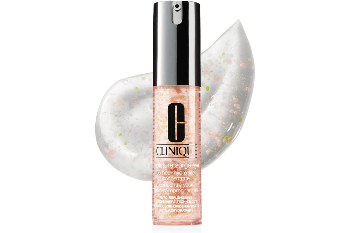 Tube Clinique concentré yeux hydro réimprégnant 96H Moisture Surge 15 ml bleu hydratation éclat anti poches contour yeux fond blanc bon plan Amazon