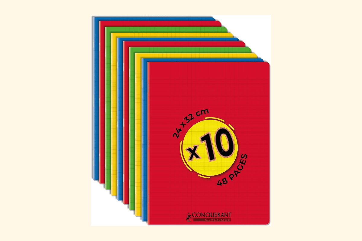Conquérant Classique Lot de 10 Cahiers 24x32 cm grands carreaux 48 pages agrafées Seyès couleurs assorties Amazon 21,99 euros