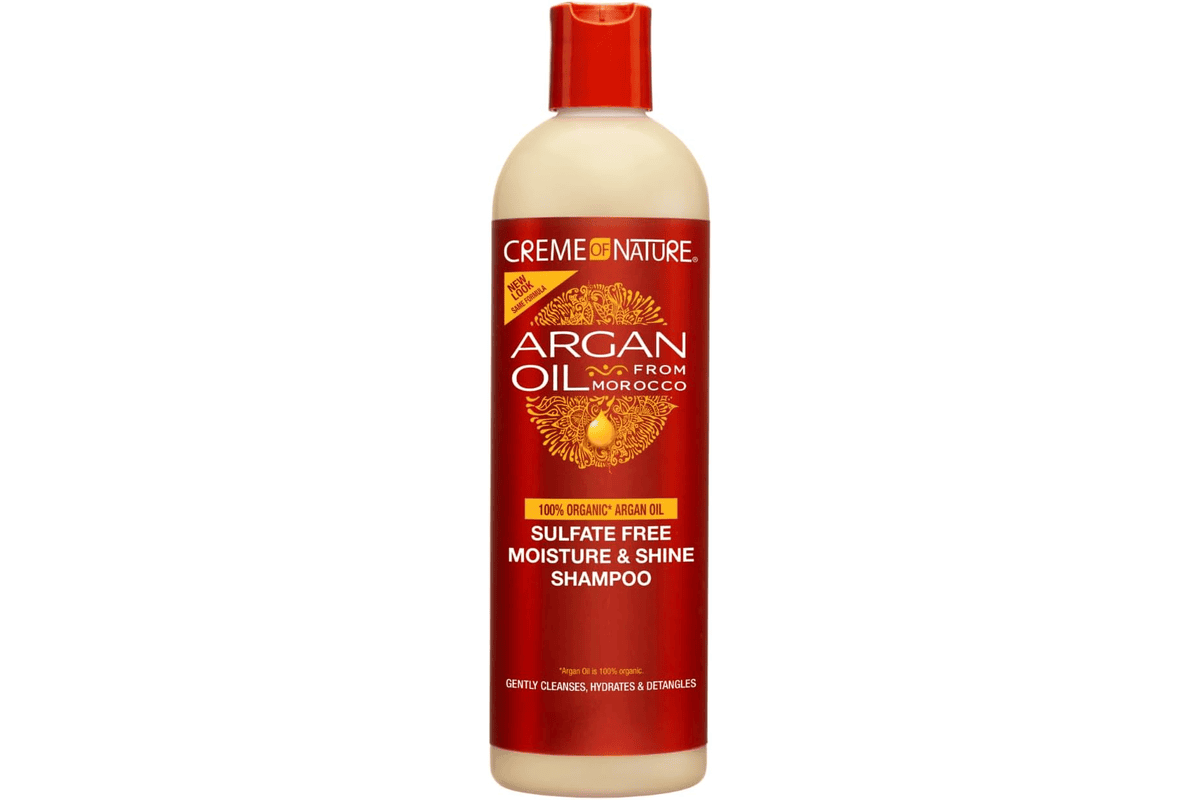 Flacon Creme of Nature shampoing hydratant huile argan du Maroc 355 ml or et noir cheveux bouclés frisés crépus sans sulfates fond blanc bon plan Amazon