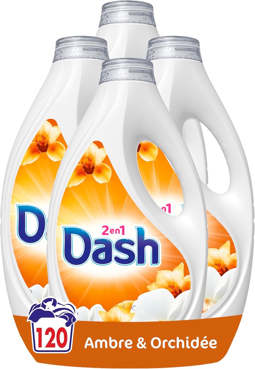 Lot de quatre bidons de lessive liquide Dash 2en1 Ambre et Orchidée pour 120 lavages