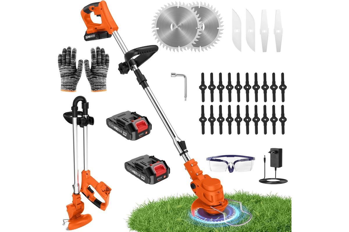 Débroussailleuse électrique sans fil orange cuivré 850W avec rotofil pliable 60 cm, deux batteries 2000 mAh, lames acier