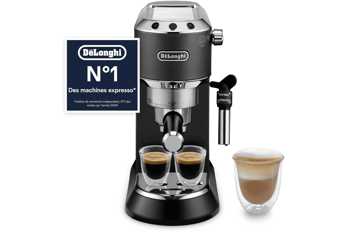 De'Longhi Dedica Style Perfetto Machine à Expresso Compacte noire 15cm de large avec mousseur de lait manuel pour cappuccino et compatible dosettes ESE