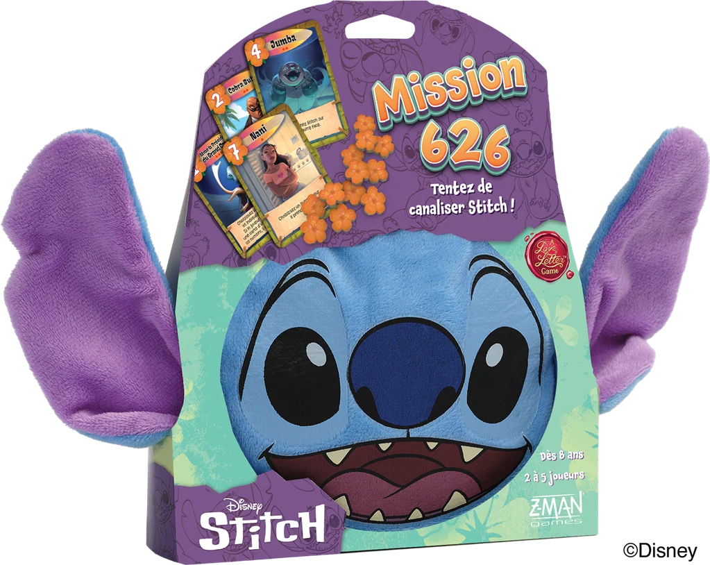 Boîte-pochette en peluche bleue du jeu Disney Stitch Mission 626 avec ses cartes
