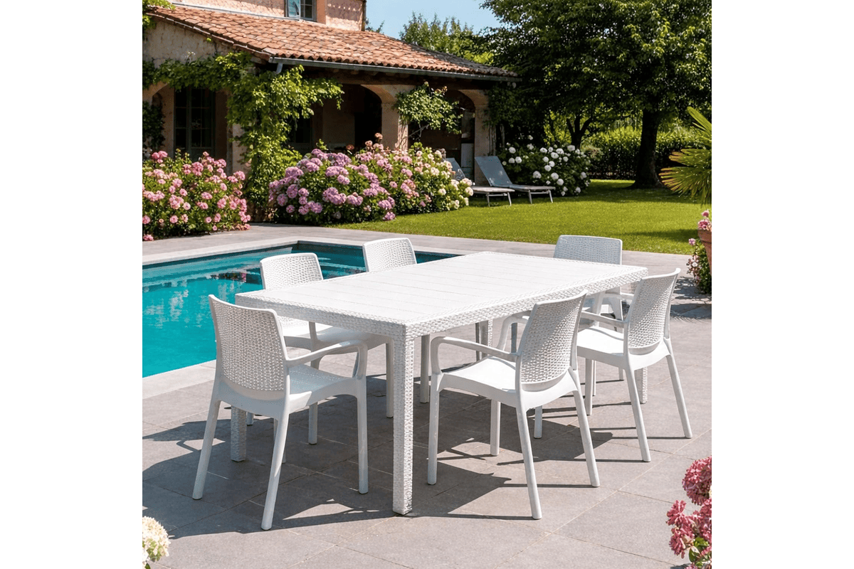 Dmora Set Salon d'extérieur Manarola, table rectangulaire extensible + 4 chaises effet rotin Amazon 230,99 euros juillet 2026 bon plan