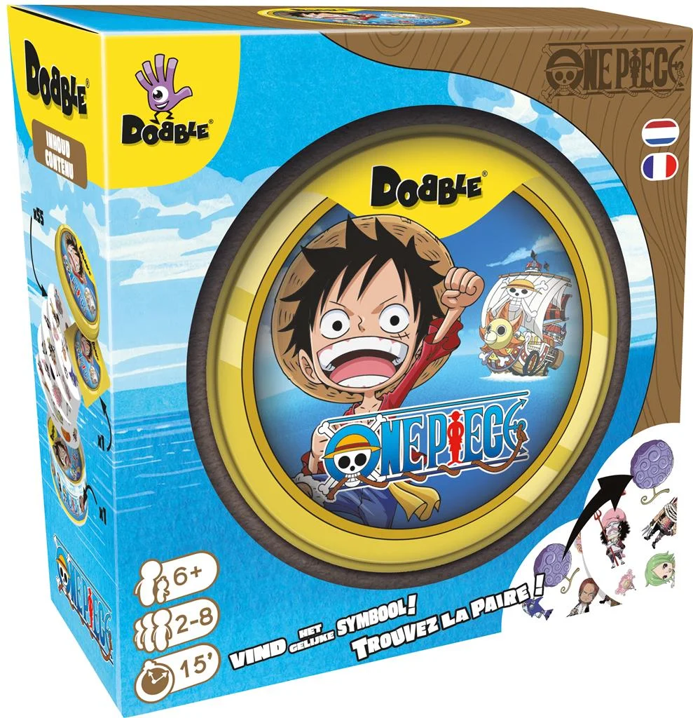 Boîte métallique du jeu Dobble One Piece avec Monkey D. Luffy et des cartes illustrées