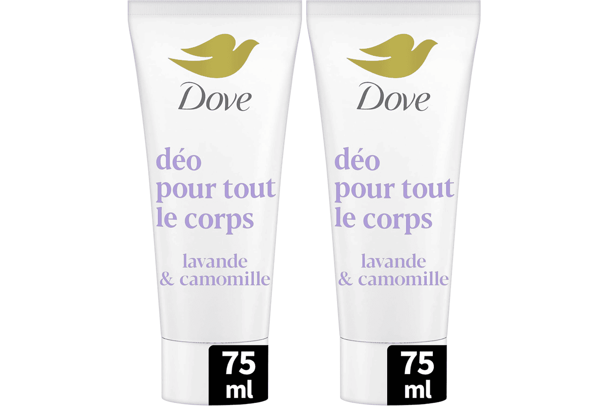 Lot de 2 tubes Dove déodorant crème pour tout le corps lavande camomille 75 ml anti odeurs traces blanches 72h peaux sensibles fond blanc bon plan Amazon