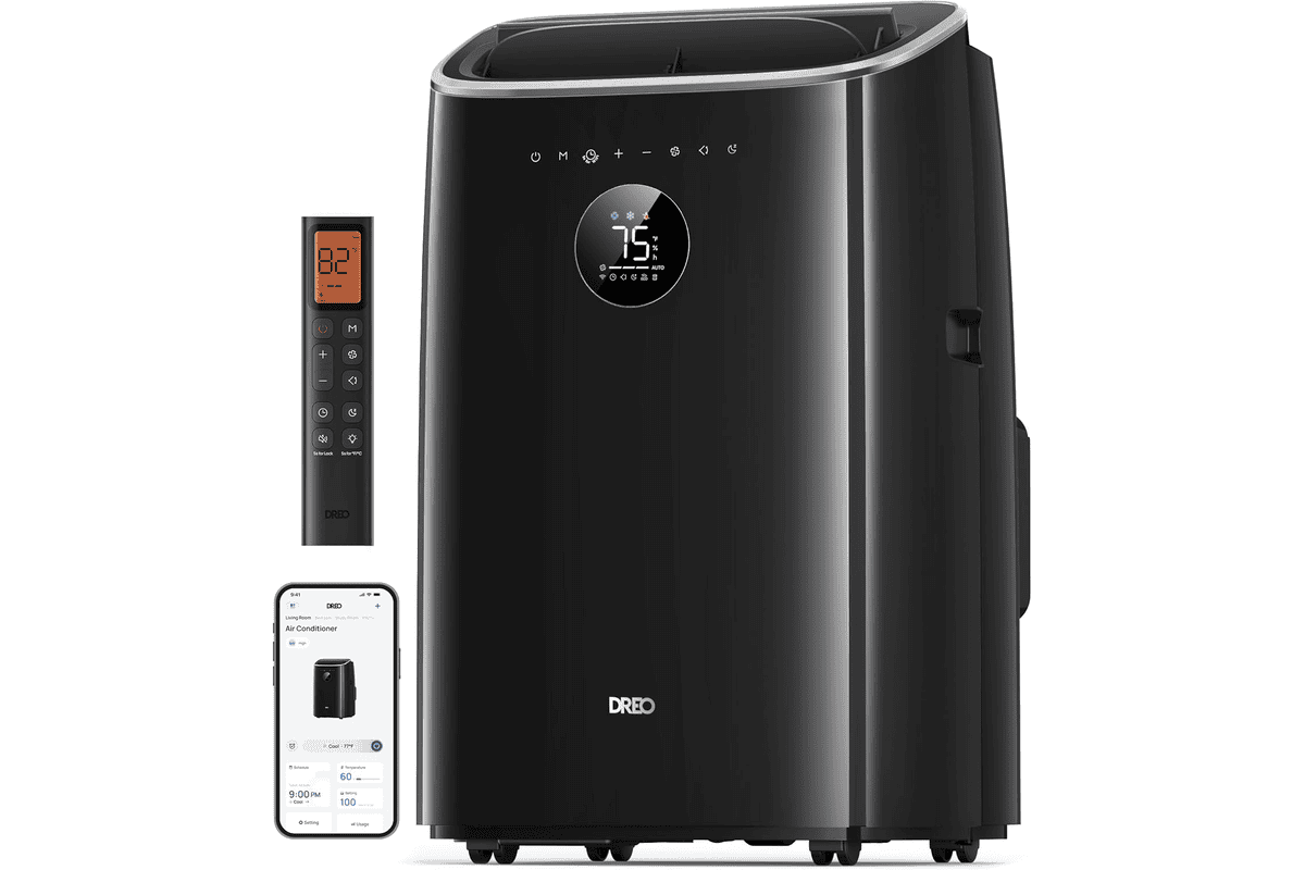 Climatiseur mobile DREO 7500 BTU 3-en-1 blanc posé dans un salon lumineux