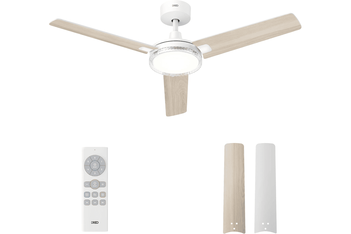 Ventilateur de plafond DREO 132 cm blanc avec lumière LED intégrée et télécommande