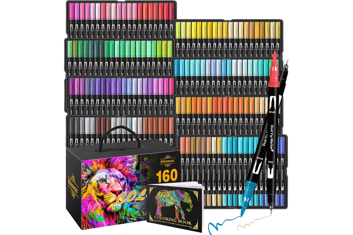 Efimeso 160 feutres coloriage adulte double pointe marqueur pinceau aquarelle fineliner dessin croquis livre de coloriage palette couleurs vives 28,49 € Amazon