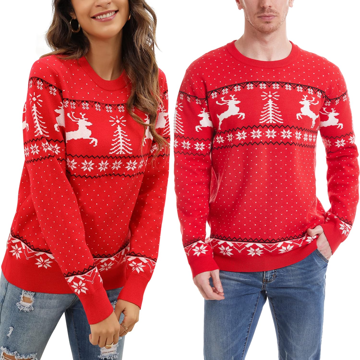 Pull de Noël Enjyam rouge pour femme avec rennes et motifs flocons