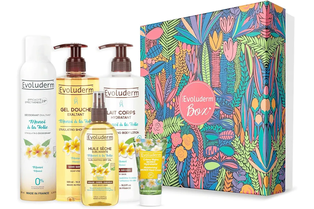 Evoluderm Coffret Cadeau Femme Corps Monoï de Tahiti 5 soins Origine Naturelle format Box L routine évasion tropicale bon plan Amazon 34 euros