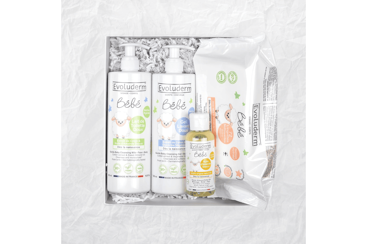 Evoluderm Coffret Cadeau Tendresse Bébé 4 produits ingrédients naturels vegan Made in France box spring cadeau naissance 30 € Amazon