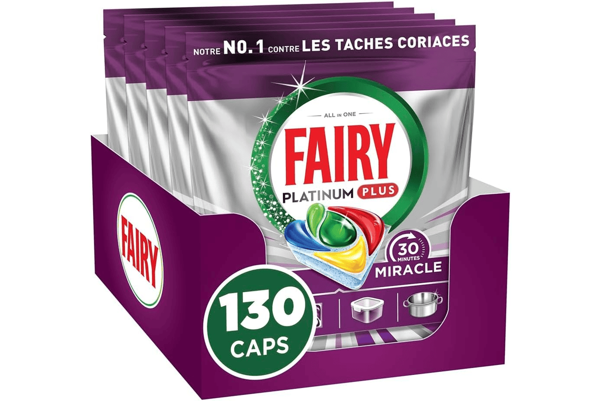 Fairy Platinum Plus Tout-en-1 130 tablettes tablettes lave-vaisselle premium 23,70 € bon plan Amazon