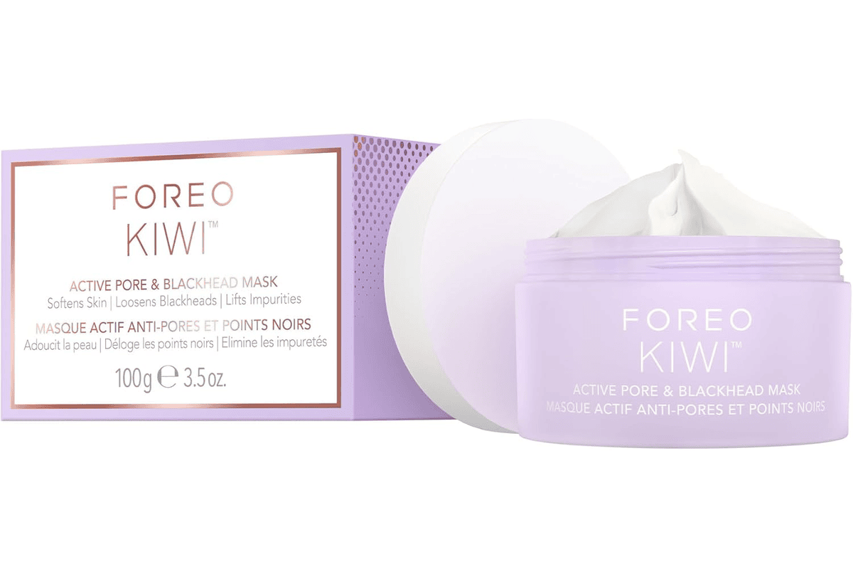 Pot FOREO KIWI masque actif pores points noirs 100 g argile huile jojoba vert minimiseur pores purifiant détoxifiant visage fond blanc bon plan Amazon