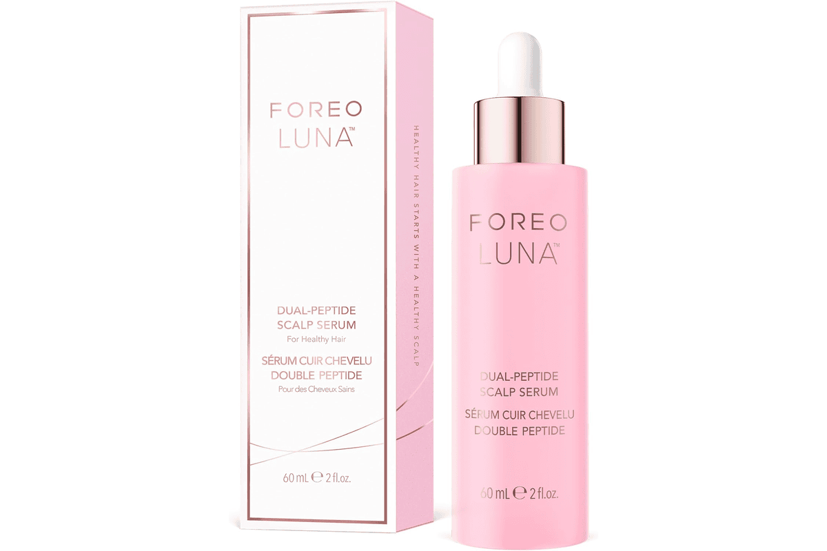Flacon FOREO LUNA sérum cuir chevelu double peptide compte gouttes blanc et rose pour croissance cheveux complexe peptidique Cica Portulak fond blanc bon plan Amazon
