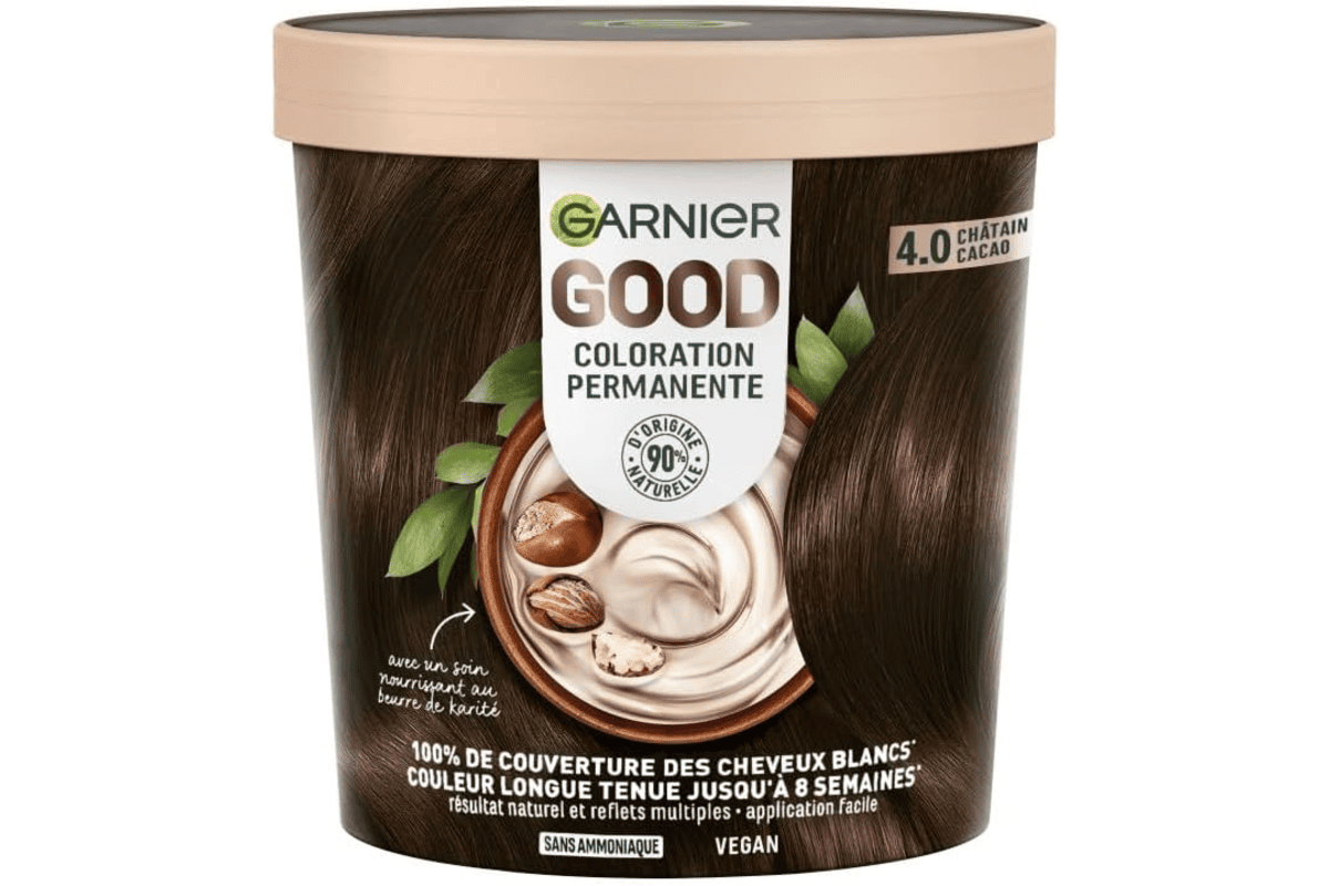 Garnier Good coloration permanente vegan sans ammoniaque beurre karité couverture cheveux blancs châtain cacao 4.0 à 11,09 € Amazon