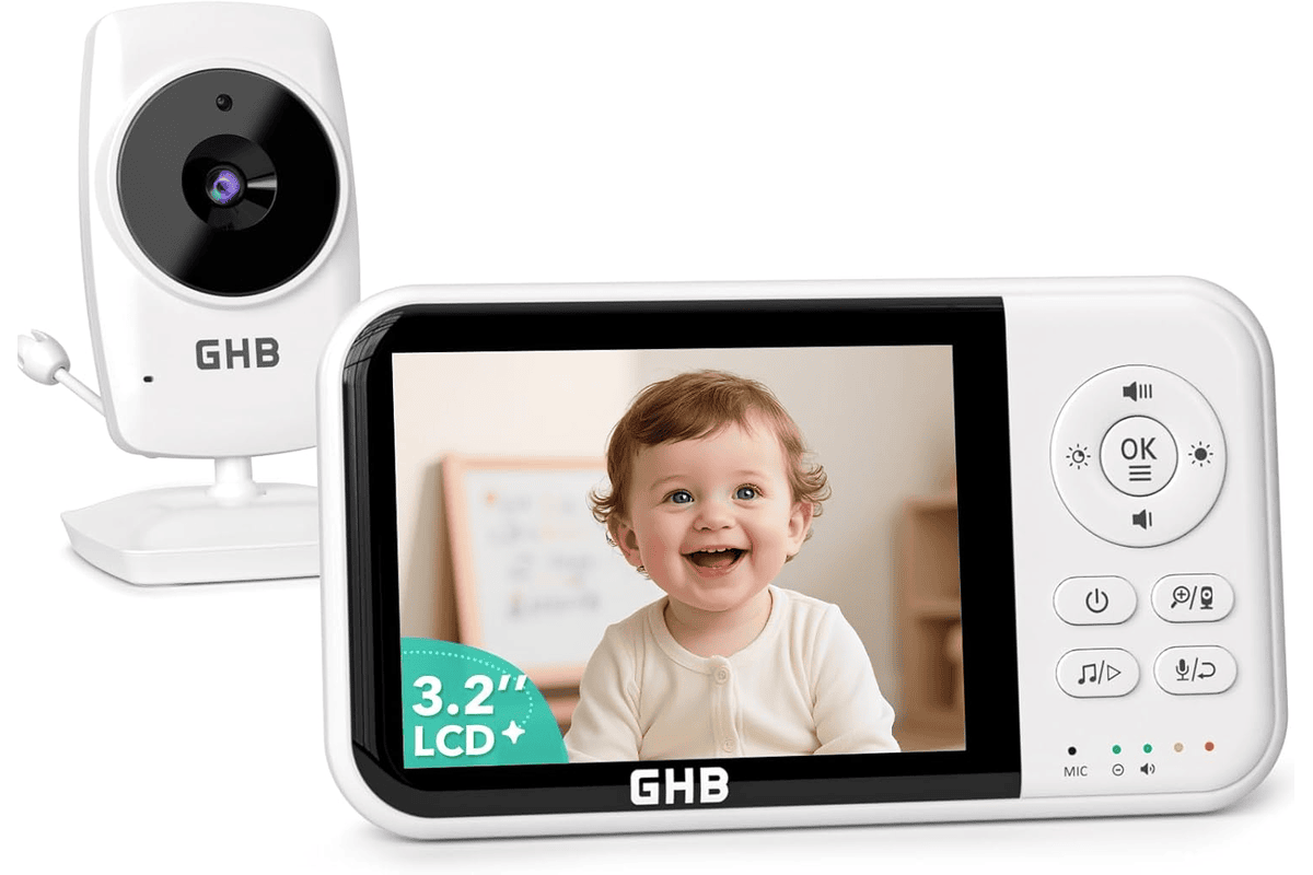 GHB babyphone caméra bébé surveillance LCD 3,2 pouces batterie 2100 mAh capteur température vision nocturne 2X zoom audio bidirectionnel