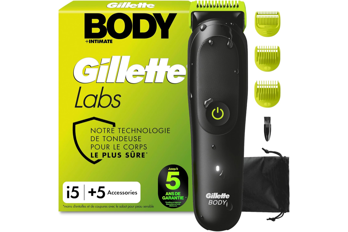 Bon plan Amazon Gillette Labs Body Plus Intimate Tondeuse Homme i5 corps zone intime étanche 3 sabots peau sensible Autosense USB 38 euros mai 2026
