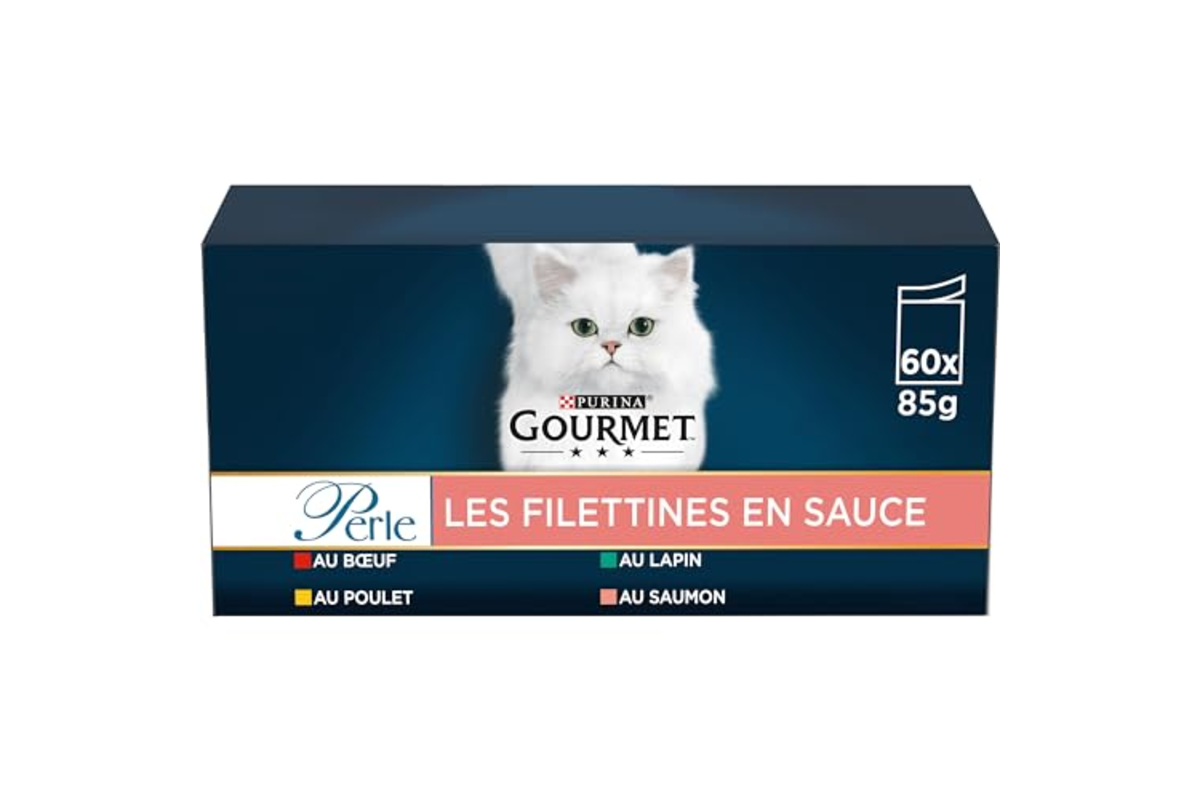 Gourmet Filettines en Sauce chat — bœuf, poulet, lapin, saumon — 60 × 85 g bon plan Amazon 22,62 € mai 2026