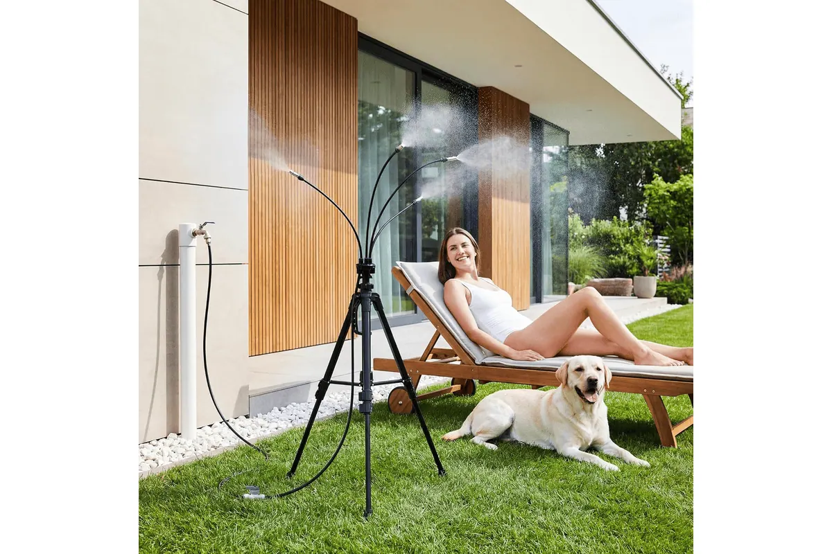 HIRALIY brumisateur extérieur trépied stable hauteur réglable 85 à 146 cm système rafraîchissement 8 m tuyau terrasse jardin piscine barbecue bon plan Amazon