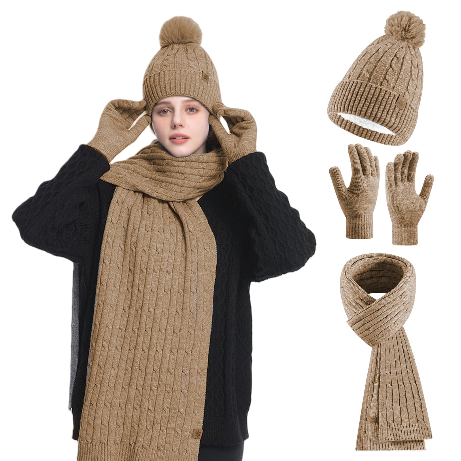 Ensemble hiver HOSPAOP kaki pour femme avec bonnet à pompon, écharpe et gants tactiles