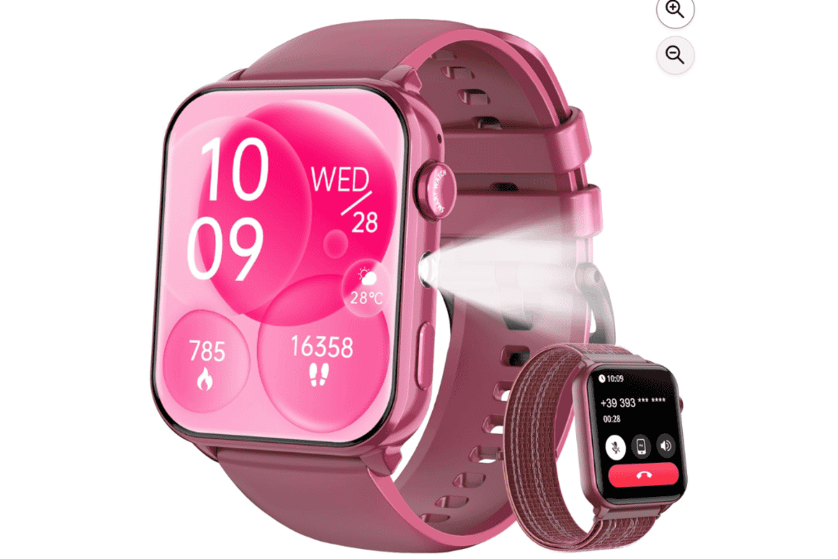 IOWODO Montre Connectée à 20,12 € au lieu de 59,99 € sur Amazon (-66 %, -39 € d'économie) : smartwatch rose et noir avec écran 1.91 pouces lisible en extérieur, appel Bluetooth depuis le poignet, cardiofréquencemètre, oxymètre SpO2, analyse du sommeil, 100+ modes sport, étanche IP68, compatible Android et iOS
