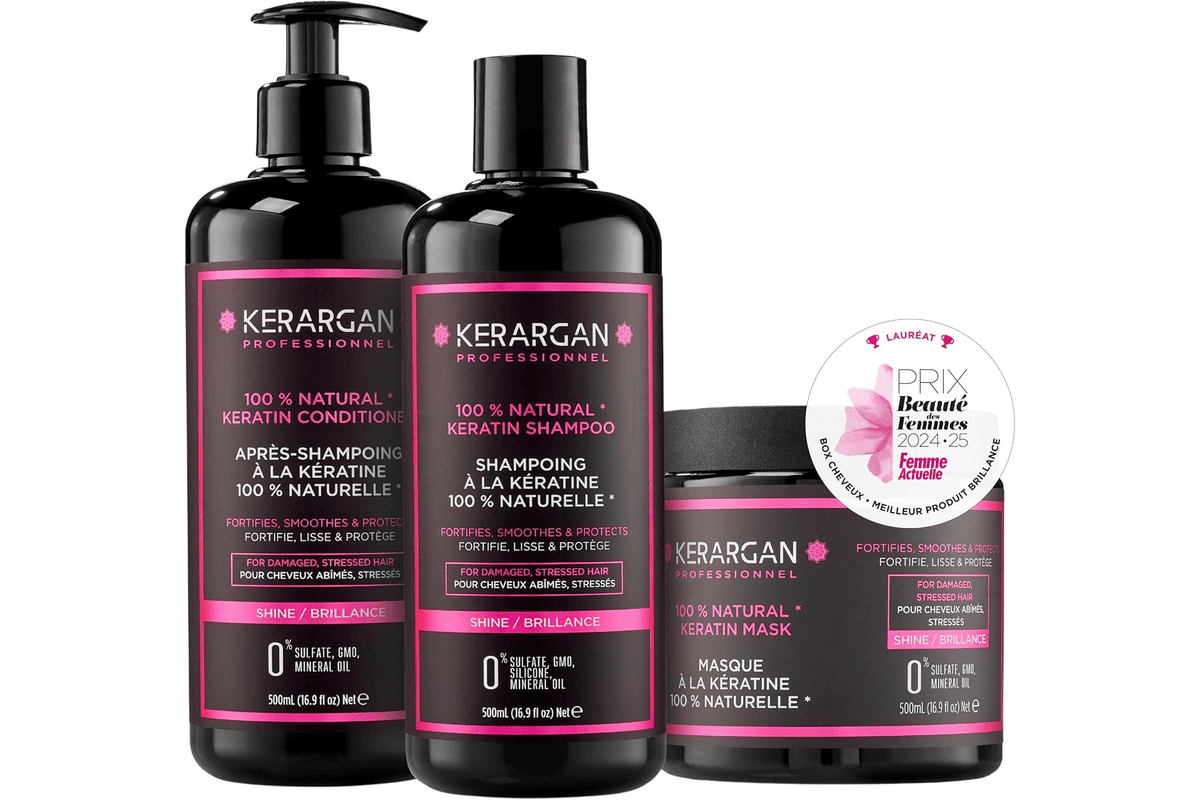 Kerargan Trio Ultra Réparateur Shampoing Après-shampoing Masque kératine cheveux abîmés stressés sans sulfate OGM silicone format 3x500 ml 62,99 € Amazon