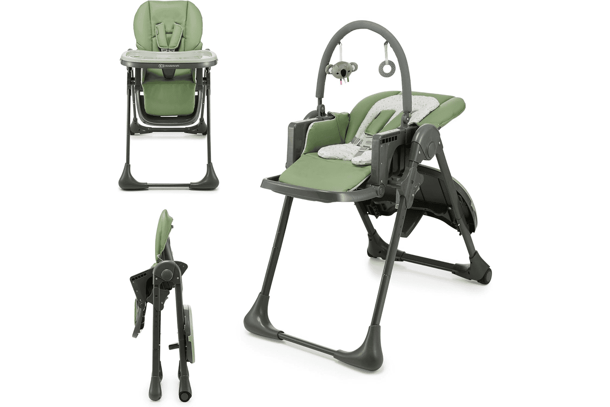 Kinderkraft TUMMIE chaise haute 2 en 1 bébé ergonomique confortable inclinable pliable hauteur réglable repose-pieds plateau amovible tout-petit jouets verte