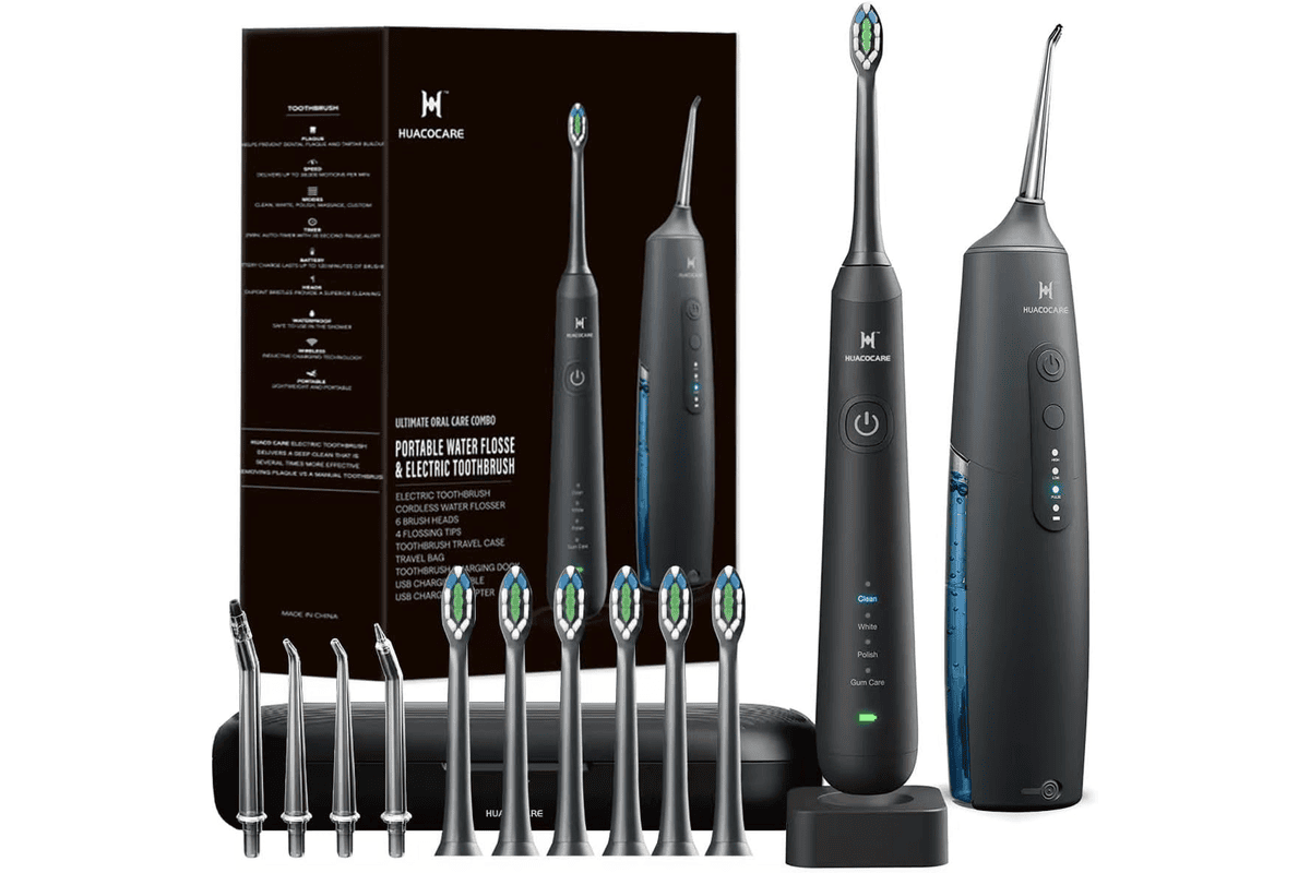 Kit de nettoyage buccal 2-en-1 noir avec hydropulseur dentaire et brosse à dents électrique pour fil dentaire et santé des gencives
