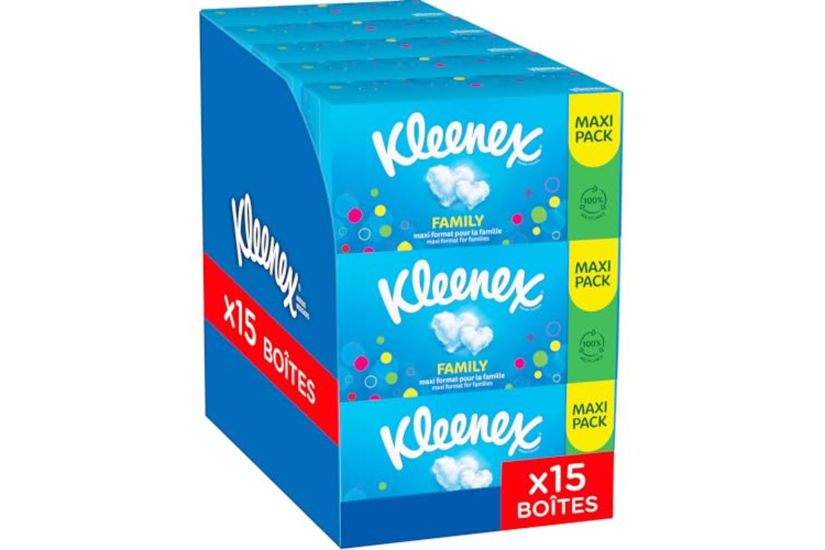 Kleenex mouchoirs boîte maxi-pack Family — 15 boîtes × 128 mouchoirs (fabriqué en France) bon plan Amazon 22,69 € mai 2026