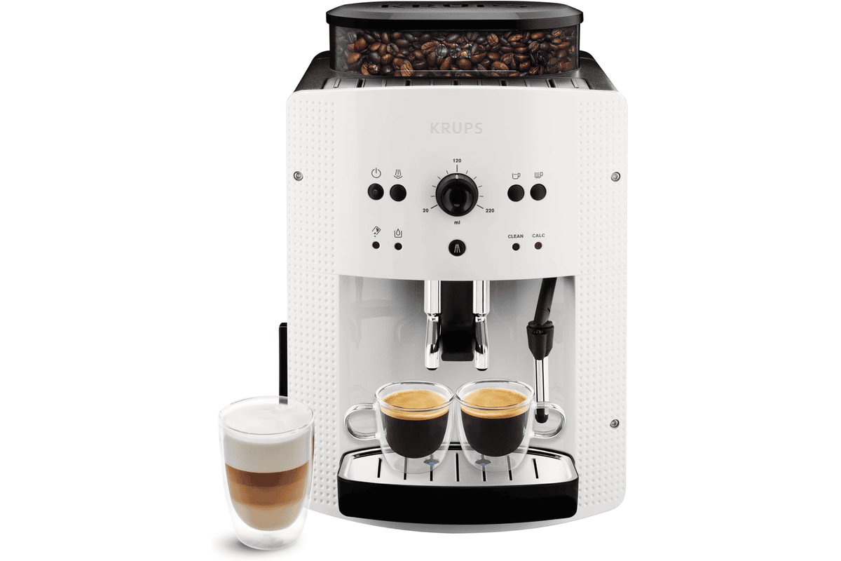 KRUPS Machine à café broyeur grain Essential blanche avec 2 expressos simultanés, nettoyage automatique et buse vapeur cappuccino