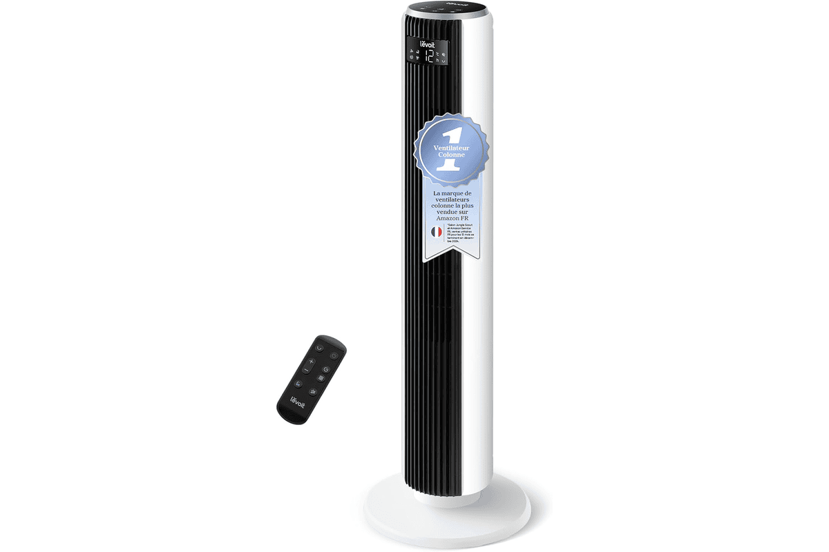 LEVOIT ventilateur colonne silencieux 20 dB blanc moteur DC 26 W 7,9 m/s 12 vitesses oscillation 90° minuterie 12h télécommande affichage LED bon plan Amazon