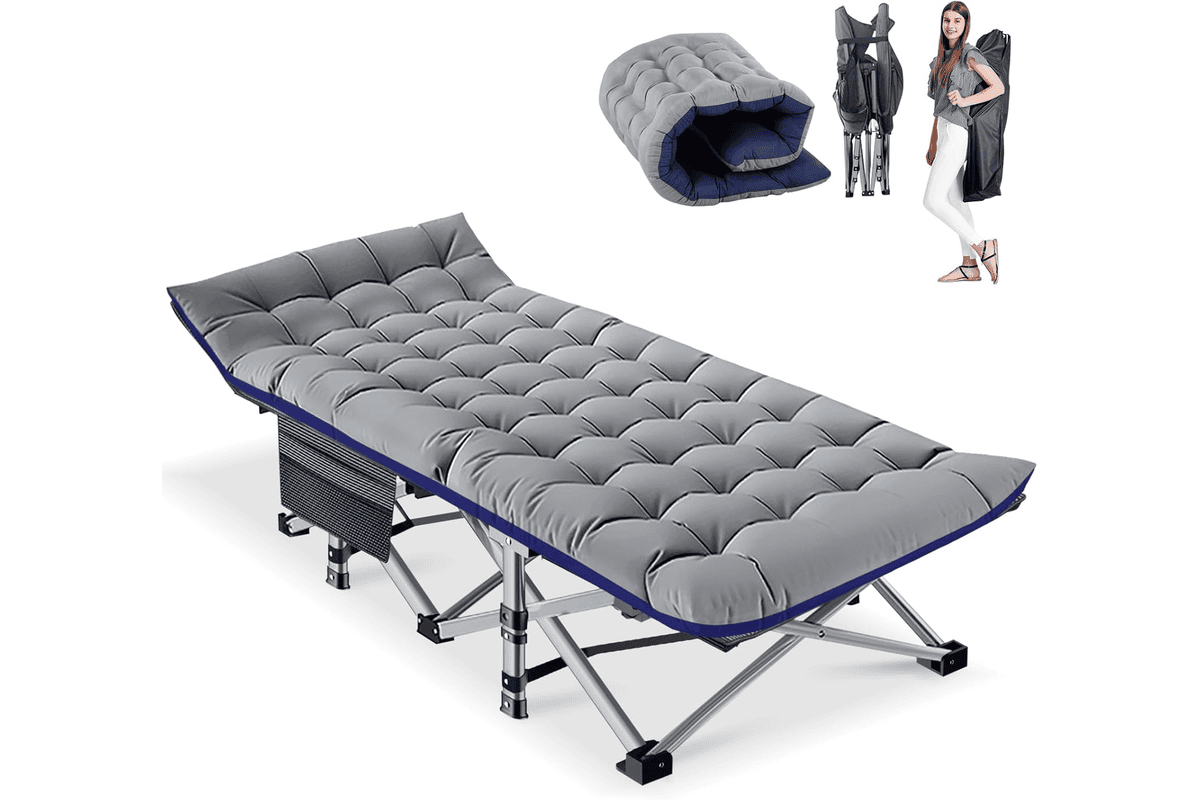 Lit de camping pliable avec matelas intégré et poches de rangement latérales