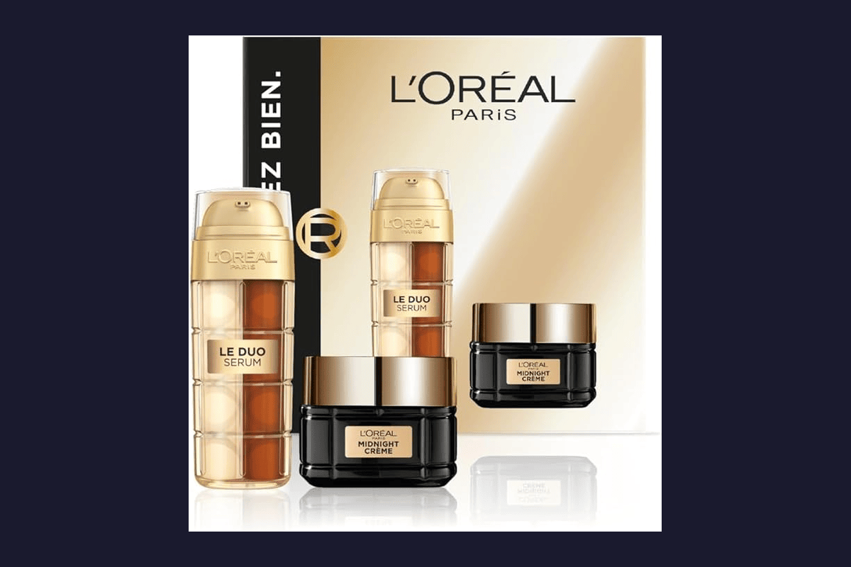 L'Oréal Paris Coffret Luxe Anti-Âge Midnight duo crème visage sérum anti-rides fermeté confort tailles réelles cadeau 41,99 euros Amazon
