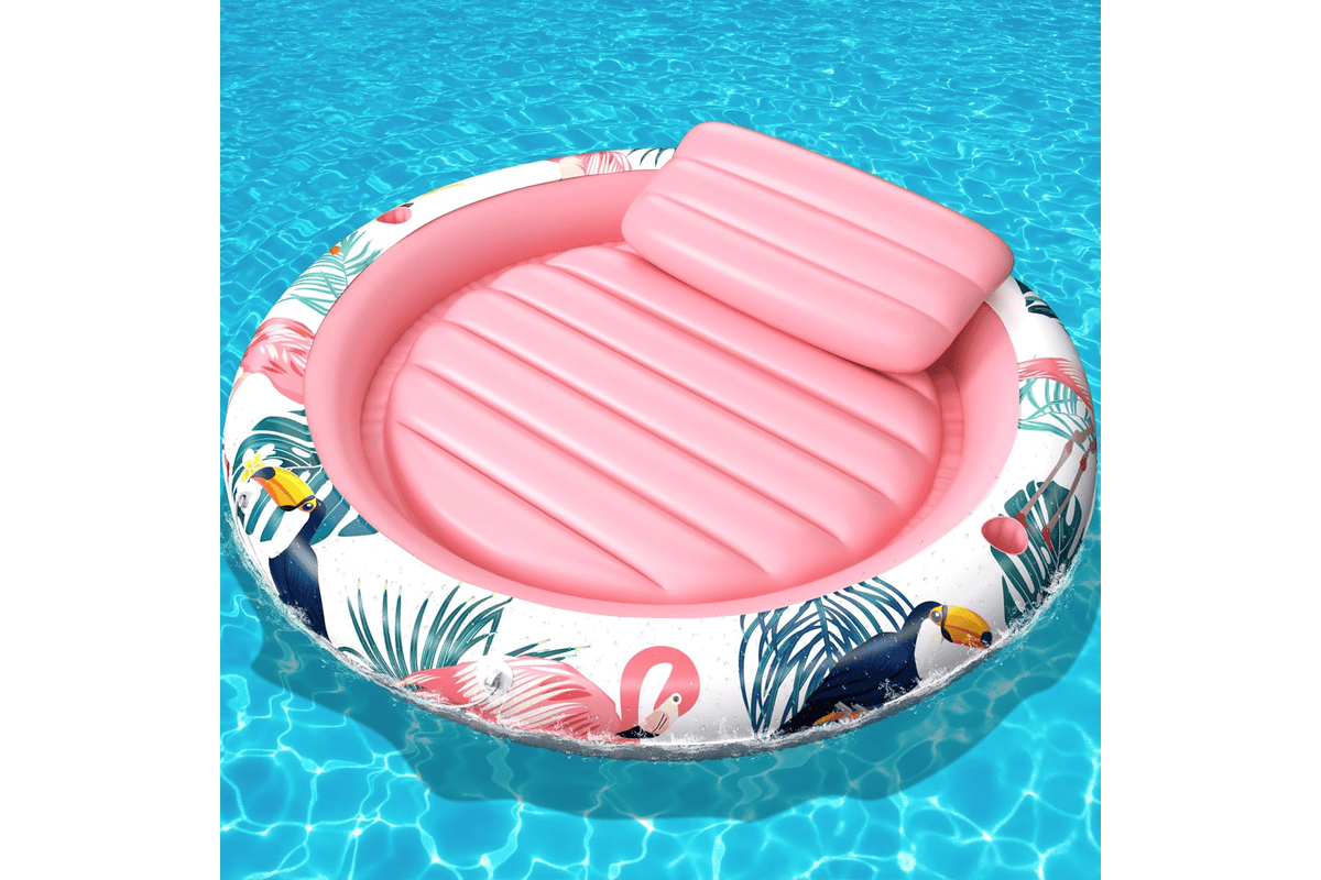 Matelas gonflable piscine LUVTOY rose avec coussin détachable, porte-gobelets et appuie-tête pour bain de soleil adulte et enfant