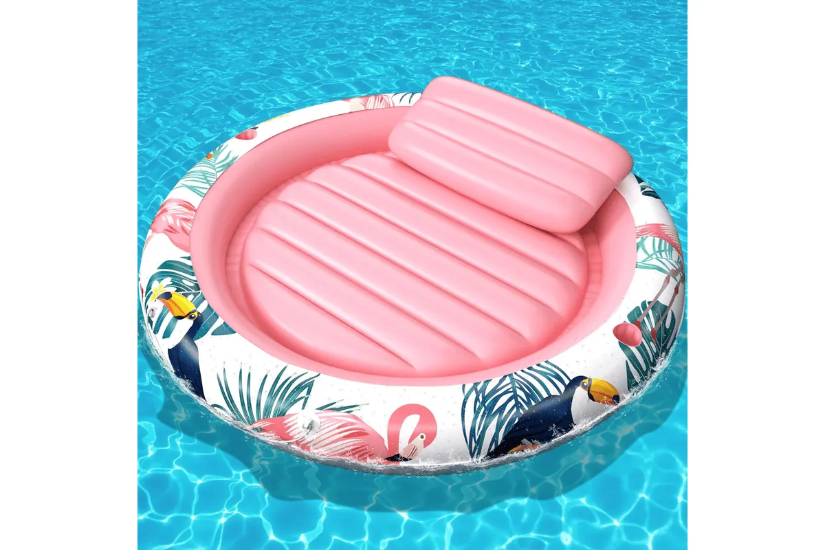 Matelas gonflable piscine LUVTOY rose avec coussin détachable, porte-gobelets et appuie-tête pour bain de soleil adulte et enfant
