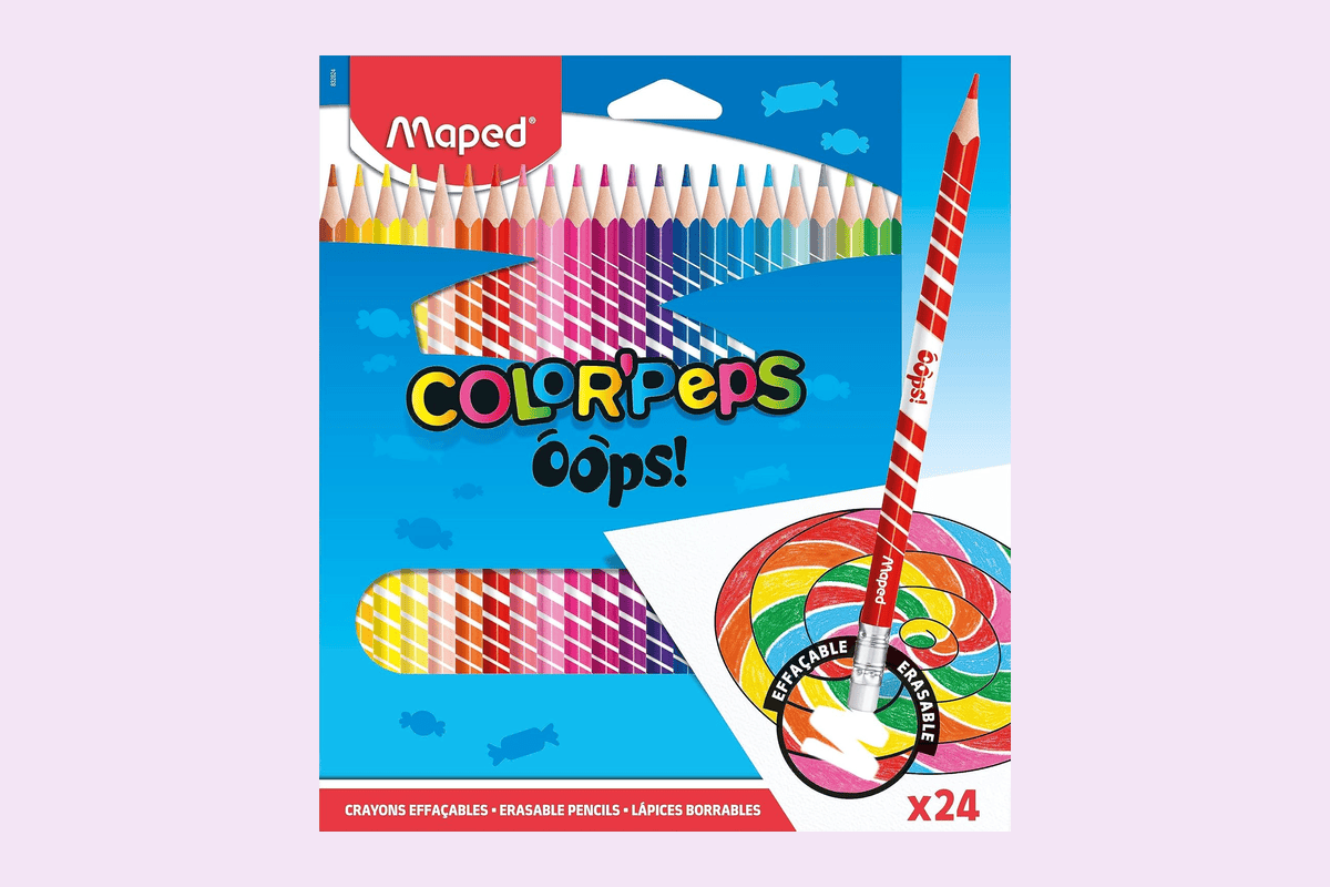 Maped Color'Peps OOPS pochette 24 crayons de couleur effaçables résine embout gomme triangulaire ergonomique enfant 5,10 euros Amazon