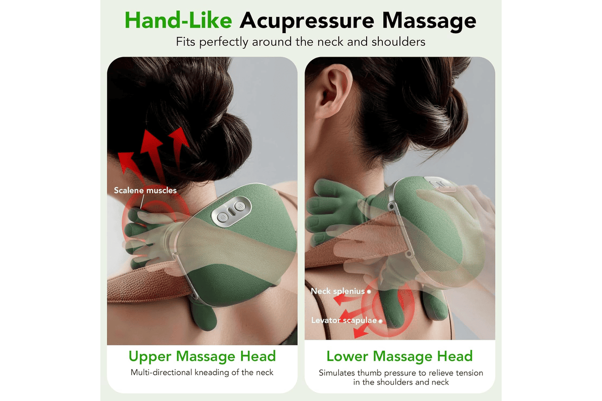 Appareil de massage électrique 4D pour le cou et les épaules vert clair avec embouts rotatifs et fonction chauffante