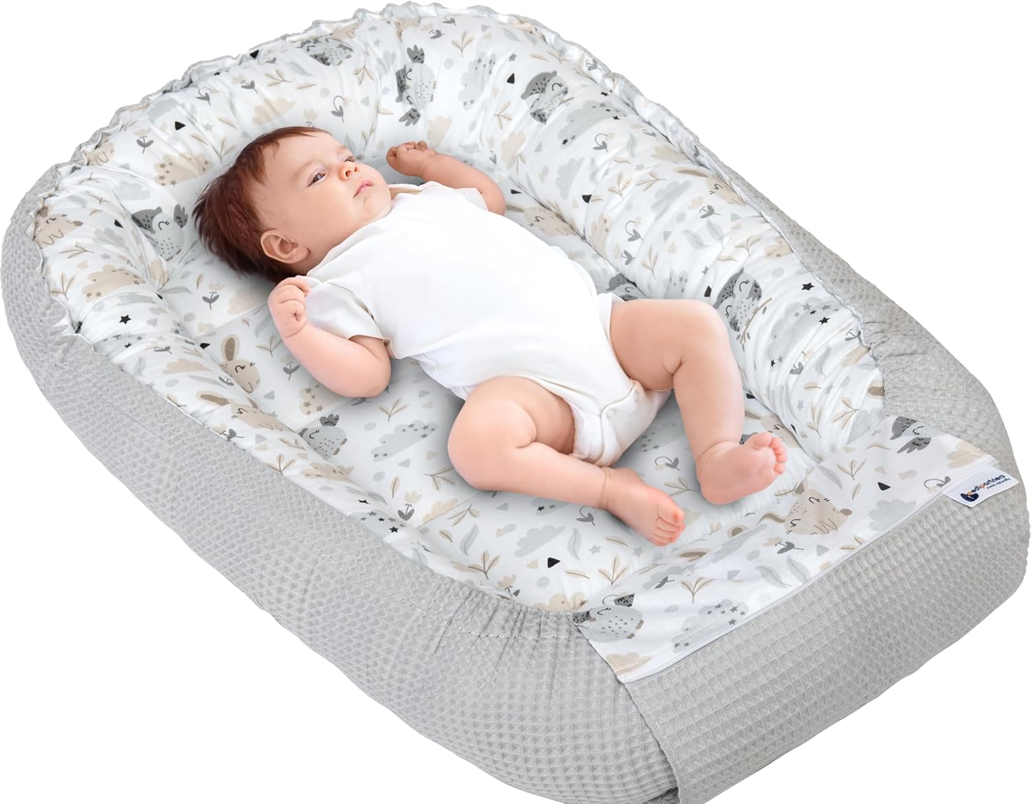 Réducteur de lit bébé Medi Partners 100 × 60 cm avec motif animaux et tissu gaufré gris