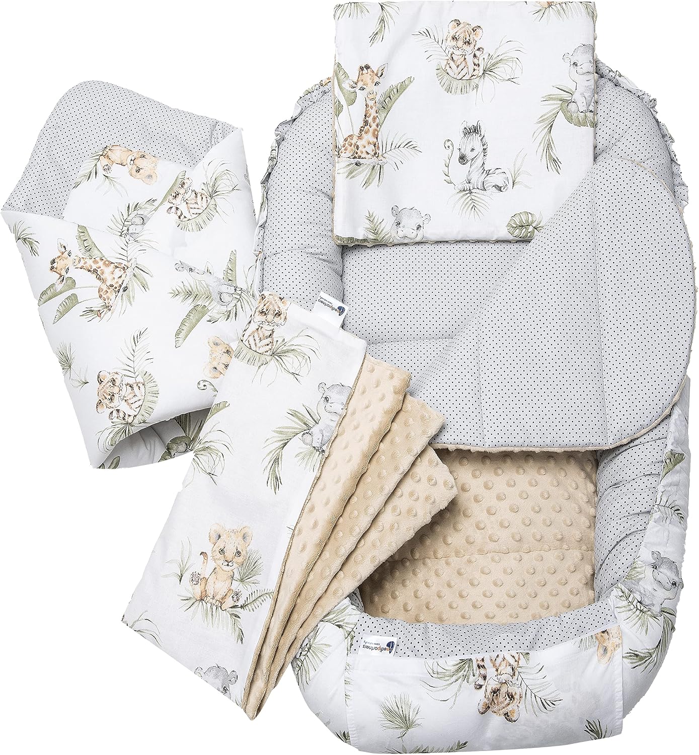 Réducteur de lit bébé Medi Partners Safari 5 éléments avec tissu Minky beige