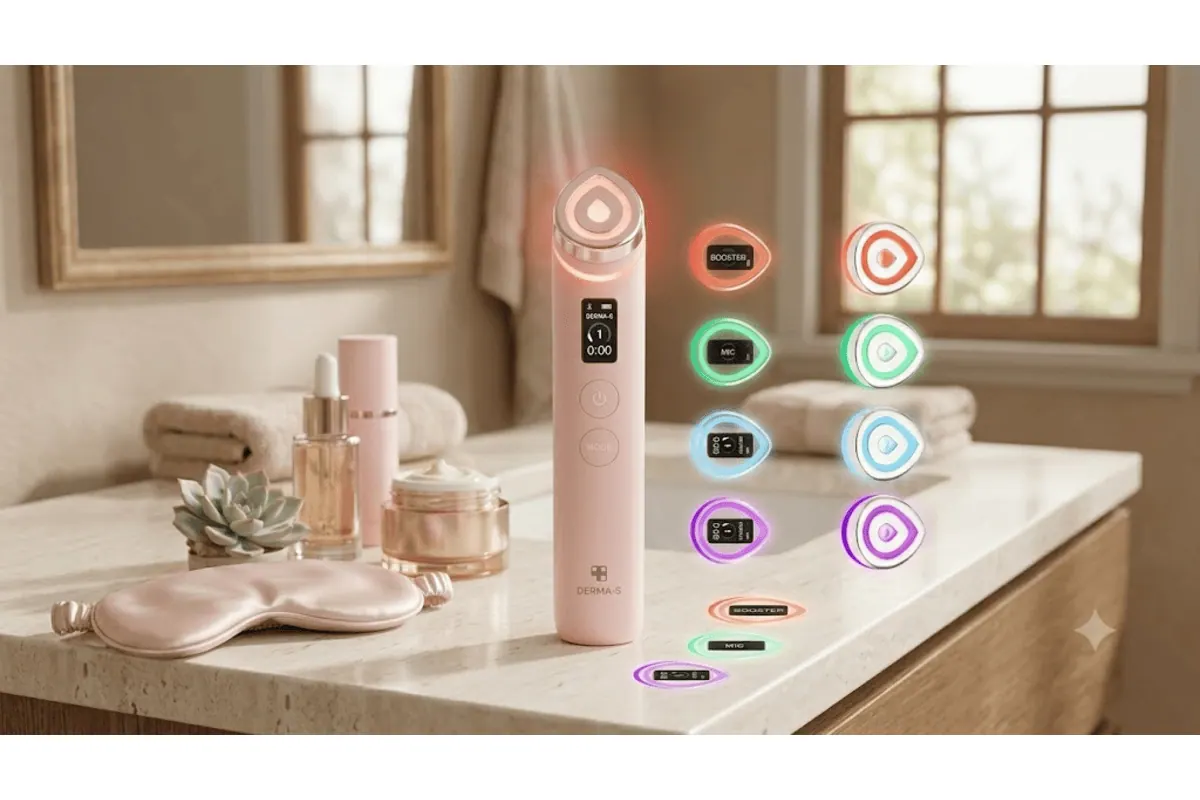 Medicube Age-R Booster Pro rose 6-in-1 posé sur une vanité de salle de bain avec sérum, crème et bandeau de soin en satin