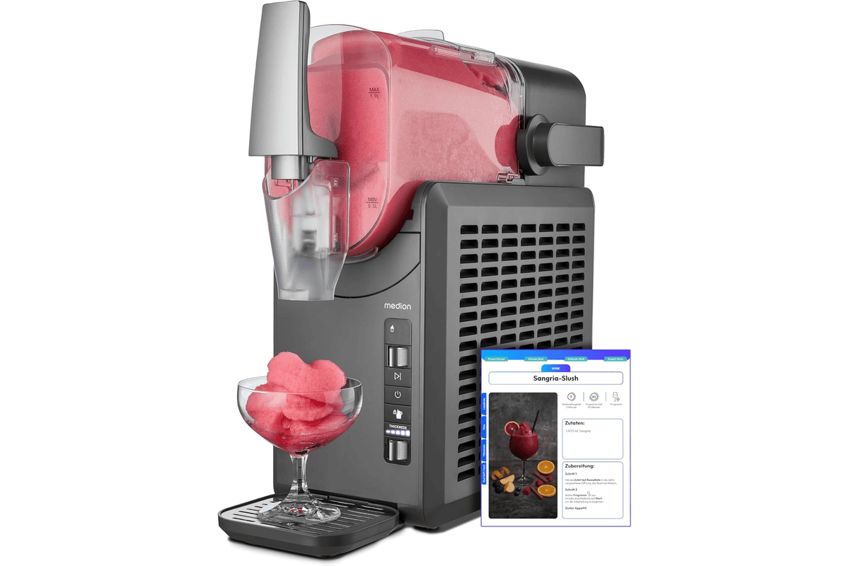 MEDION Machine à granité slush 2,6 L noire et inox avec compresseur intégré 5 modes de boisson et réservoir 1,9 L pour préparation en 30 à 60 minutes