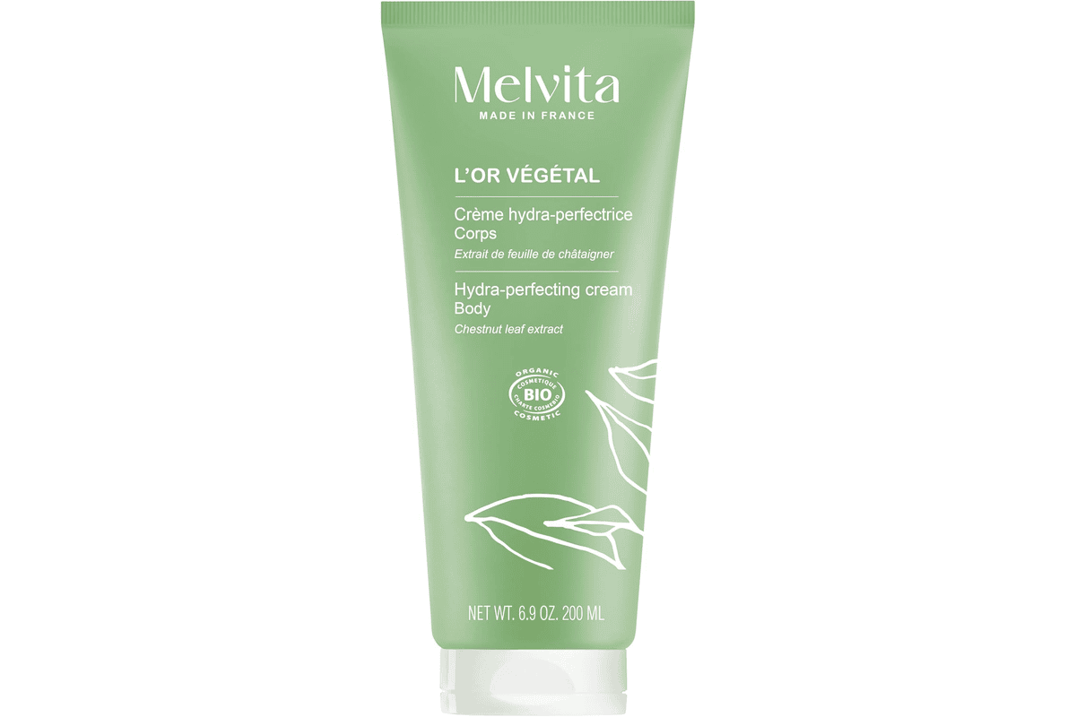 Tube blanc et doré Melvita crème corps Hydra Perfectrice Or Vegetal 200 ml hydratation 24h aloe vera beurre de karité châtaignier sur fond blanc bon plan Amazon