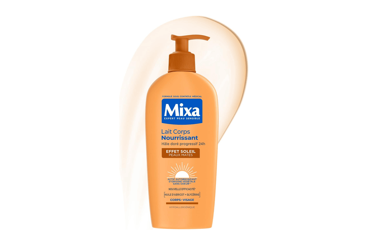 MIXA Autobronzant lait corps nourrissant effet soleil peaux mates 250 ml flacon blanc doré Amazon 6,39 €